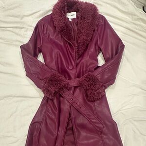Plum Faux Leather Coat with Fur Trim